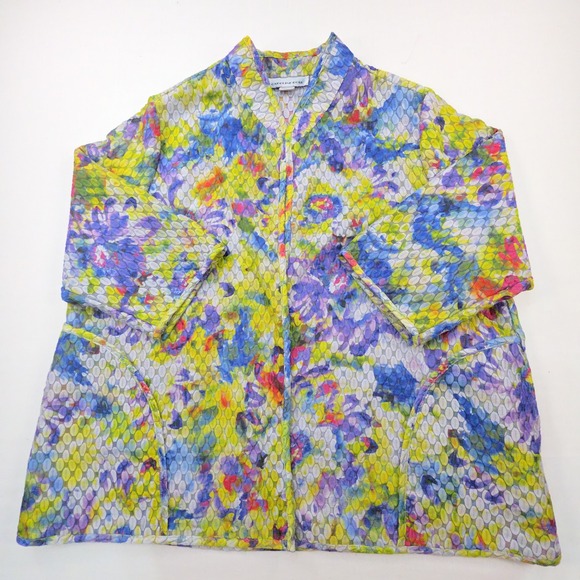 Caroline Rose Jackets & Blazers - Caroline Rose Floral Textured Open Front Jacket Women L Multi Color Sheer Poly